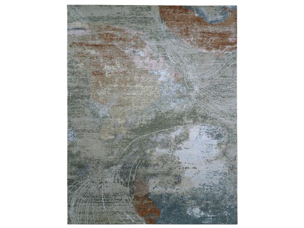 9'1"x11'10" Sage Green with Gray, Densely Woven, Abstract with Galaxy Design, Persian Knot, 100% Wool, Hand Knotted, Oriental Rug HR83246