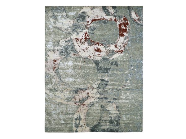 9'1"x11'9" Swamp Green, Hand Knotted, Densely Woven, Modern Design with Circles, Persian Knot, 100% Wool, Oriental Rug HR83250