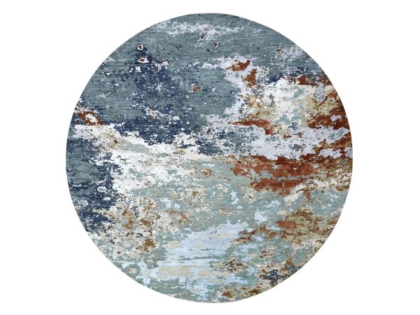8'x8' Misty Gray with Rust, Abstract with Galaxy Design, 100% Wool, Hand Knotted, Densely Woven, Persian Knot, Round, Oriental Rug HR83272