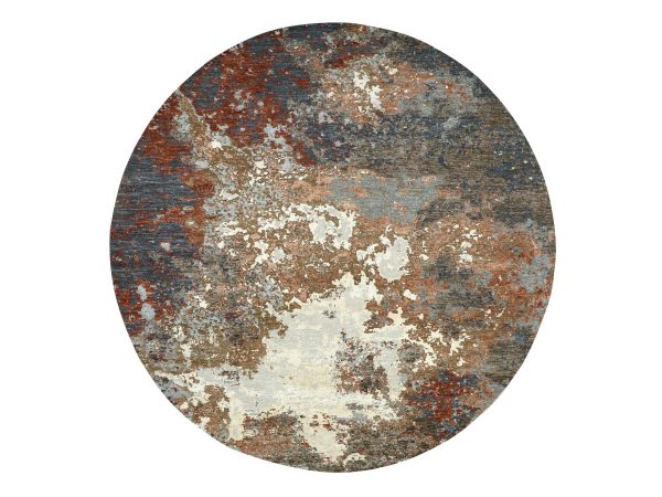8'x8' Almond Brown with Rust, Hand Knotted, Persian Knot, Abstract with Galaxy Design, 100% Wool, Densely Woven, Round, Oriental Rug HR83273