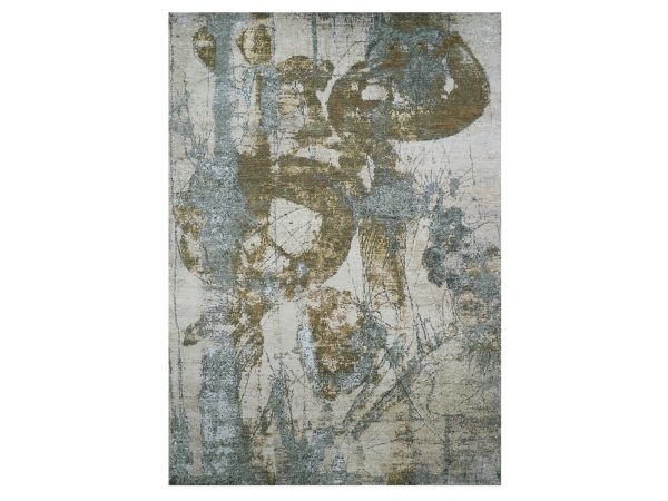 10'x14' Bone White with Brown, Modern Abstract Design, Persian Knot, Hand Knotted, 100% Wool, Densely Woven, Oriental Rug HR83274