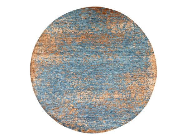 8'x8' Carolina Blue, Contemporary Design, Densely Woven, Hand Knotted, Persian Knot, Silk with Textured Wool Pile, Tone on Tone, Round, Oriental Rug HR83286
