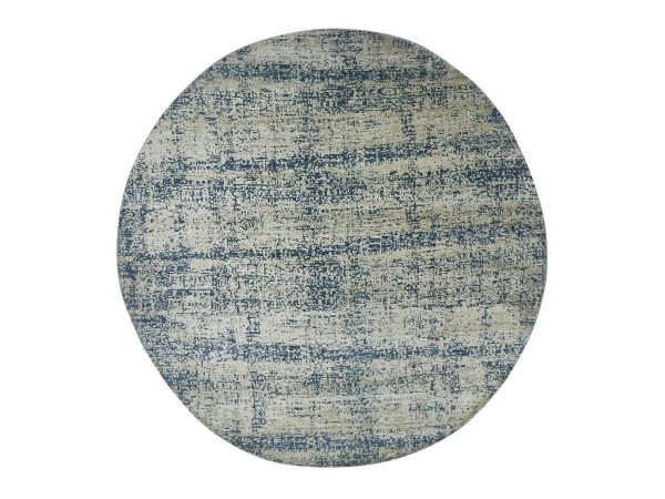 7'10"x7'10" Buff Yellow, Contemporary Design, Densely Woven, Persian Knot, Silk with Textured Wool Pile, Tone on Tone, Hand Knotted, Round, Oriental Rug HR83287