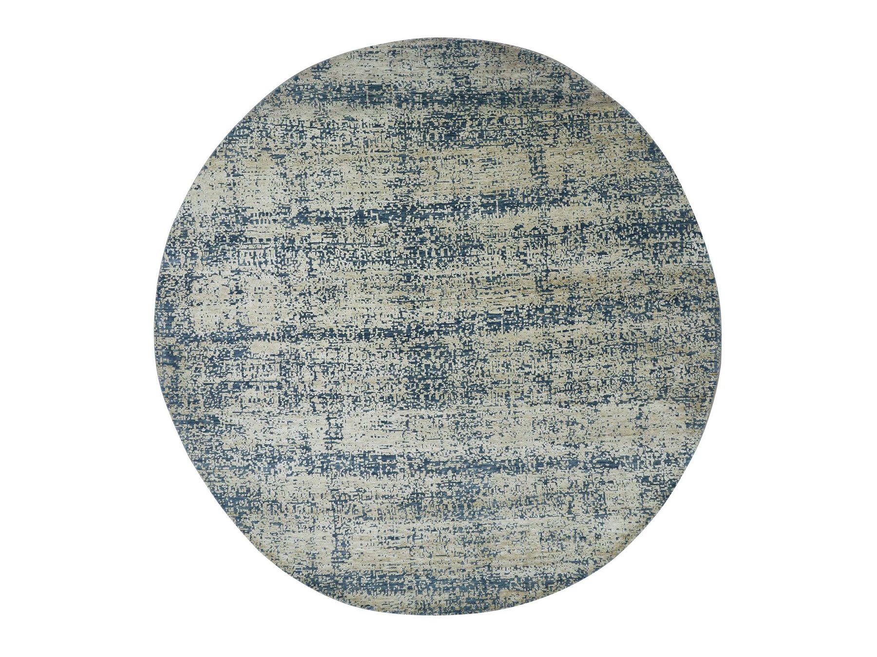 7'10"x7'10" Buff Yellow, Contemporary Design, Densely Woven, Persian Knot, Silk with Textured Wool Pile, Tone on Tone, Hand Knotted, Round, Oriental Rug HR83287