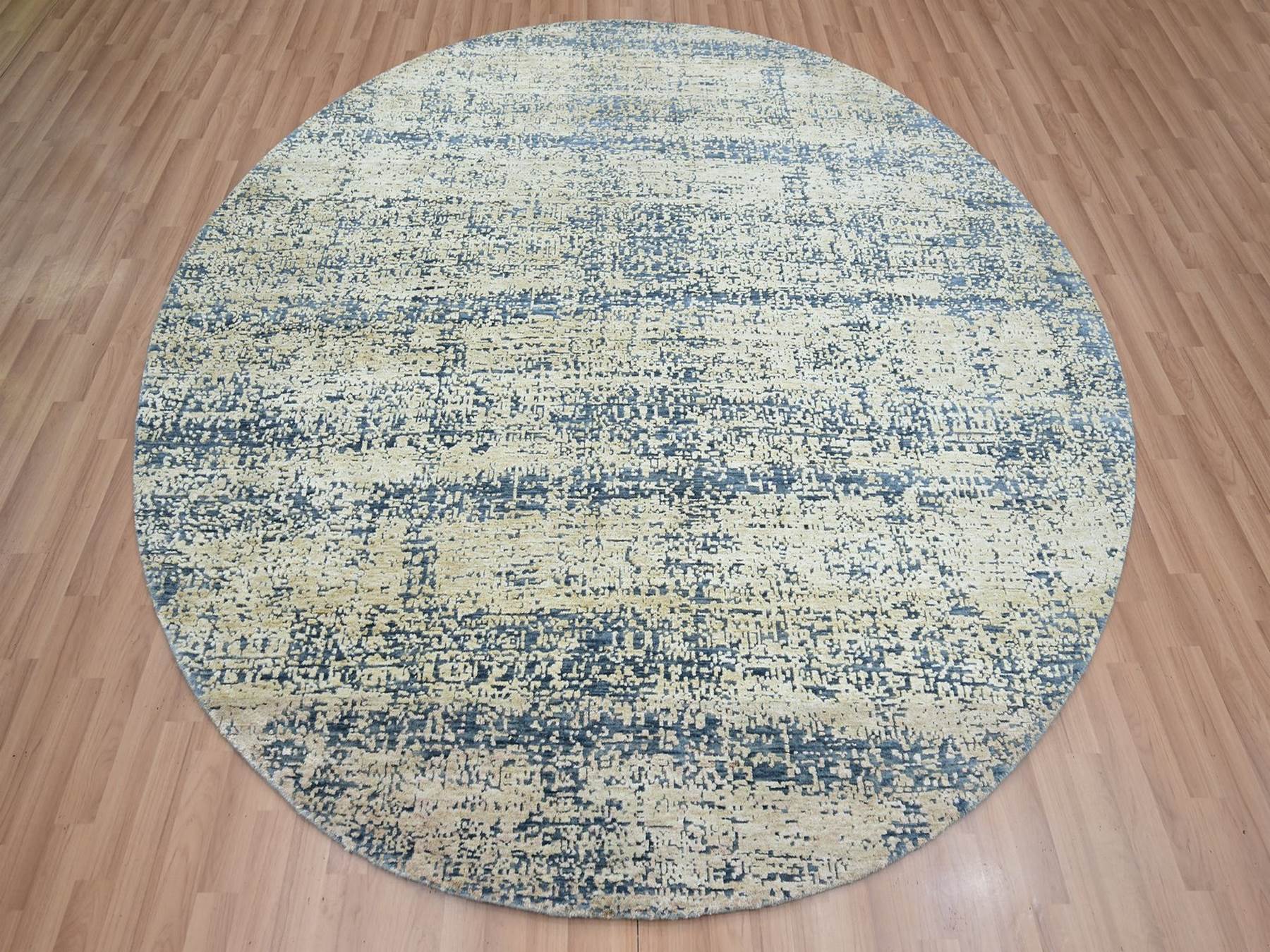 7'10"x7'10" Buff Yellow, Contemporary Design, Densely Woven, Persian Knot, Silk with Textured Wool Pile, Tone on Tone, Hand Knotted, Round, Oriental Rug HR83287 - Image 2