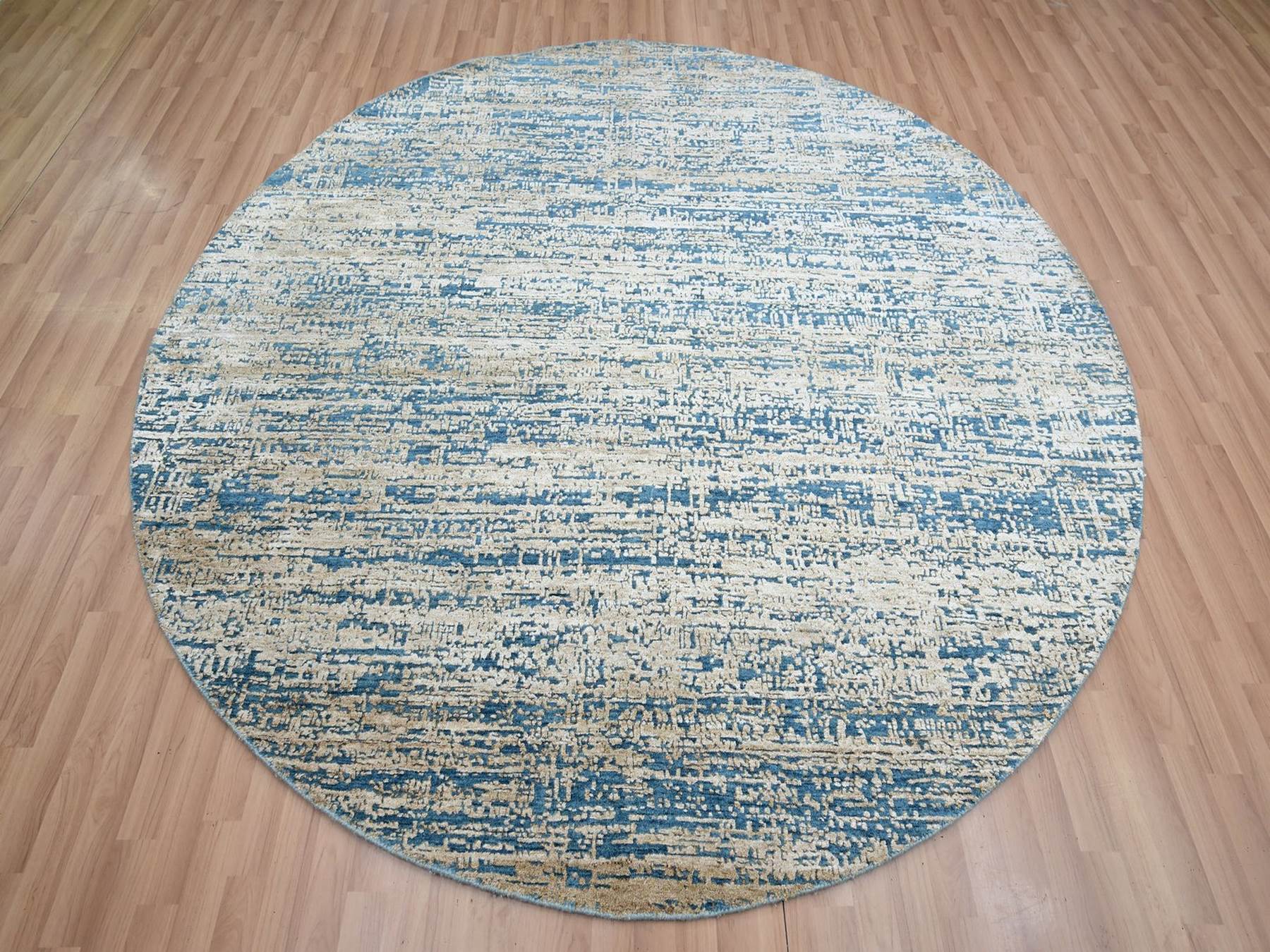8'x8' Sand Brown, Contemporary Design, Hand Knotted, Densely Woven, Persian Knot, Silk with Textured Wool Pile, Tone on Tone, Round, Oriental Rug HR83288 - Image 2