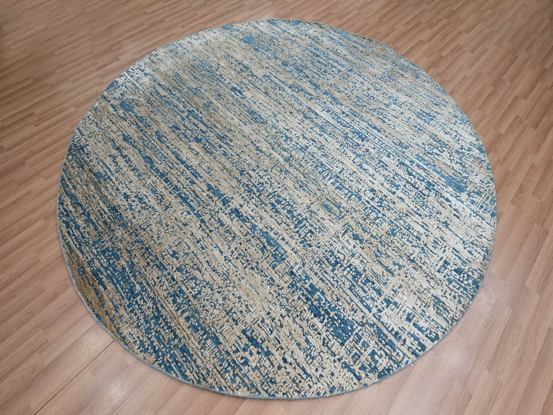 8'x8' Sand Brown, Contemporary Design, Hand Knotted, Densely Woven, Persian Knot, Silk with Textured Wool Pile, Tone on Tone, Round, Oriental Rug HR83288 - Image 3