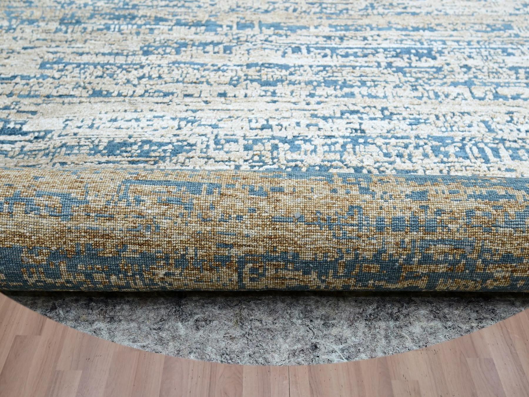 8'x8' Sand Brown, Contemporary Design, Hand Knotted, Densely Woven, Persian Knot, Silk with Textured Wool Pile, Tone on Tone, Round, Oriental Rug HR83288 - Image 4