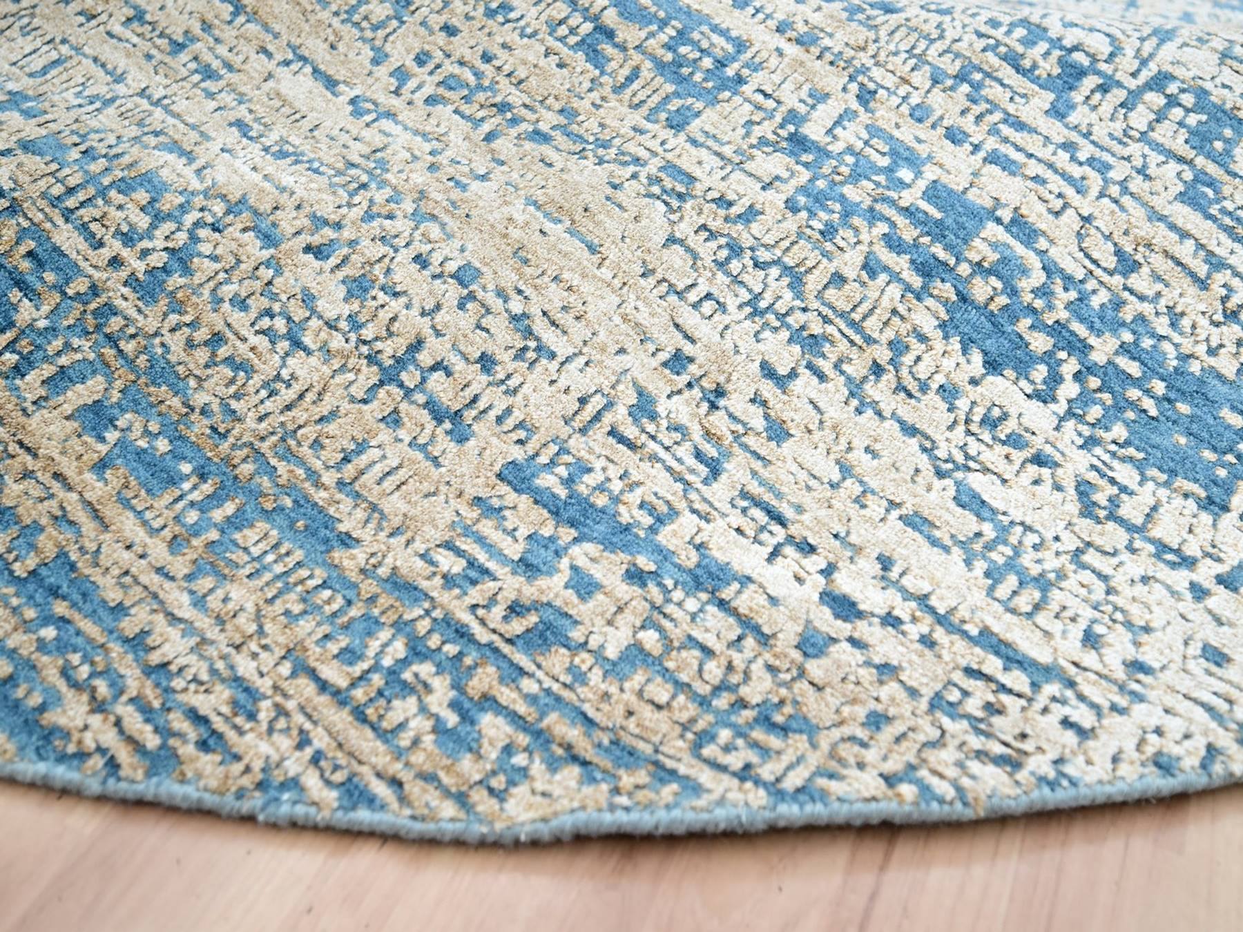 8'x8' Sand Brown, Contemporary Design, Hand Knotted, Densely Woven, Persian Knot, Silk with Textured Wool Pile, Tone on Tone, Round, Oriental Rug HR83288 - Image 6