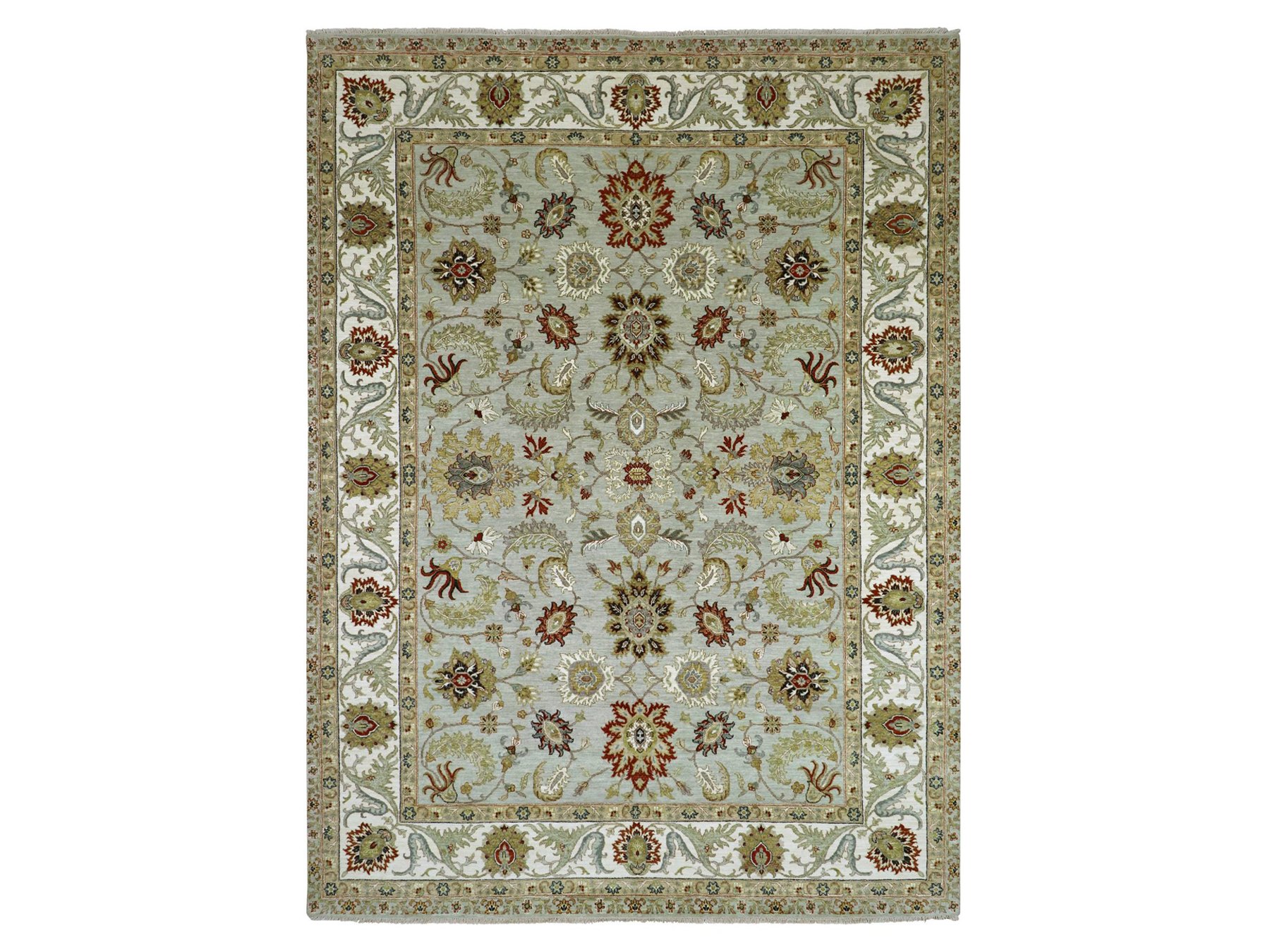 9'1"x12'3" Light Green, Hand Knotted, Agra with Ziegler Design, Floral Motifs, Pure Wool, Vegetable Dyes, Oriental Rug HR83291