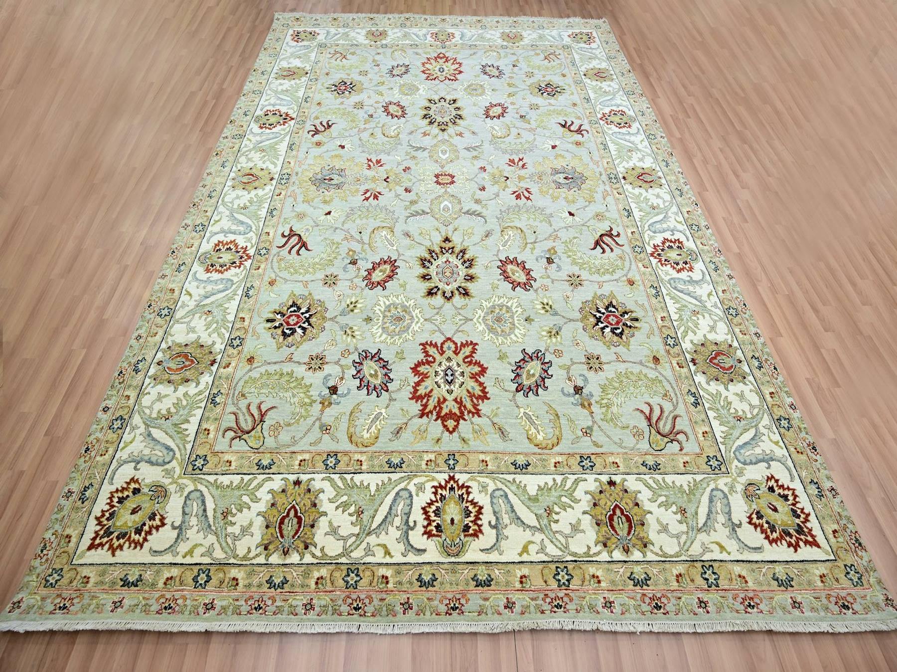9'1"x12'3" Light Green, Hand Knotted, Agra with Ziegler Design, Floral Motifs, Pure Wool, Vegetable Dyes, Oriental Rug HR83291 - Image 2
