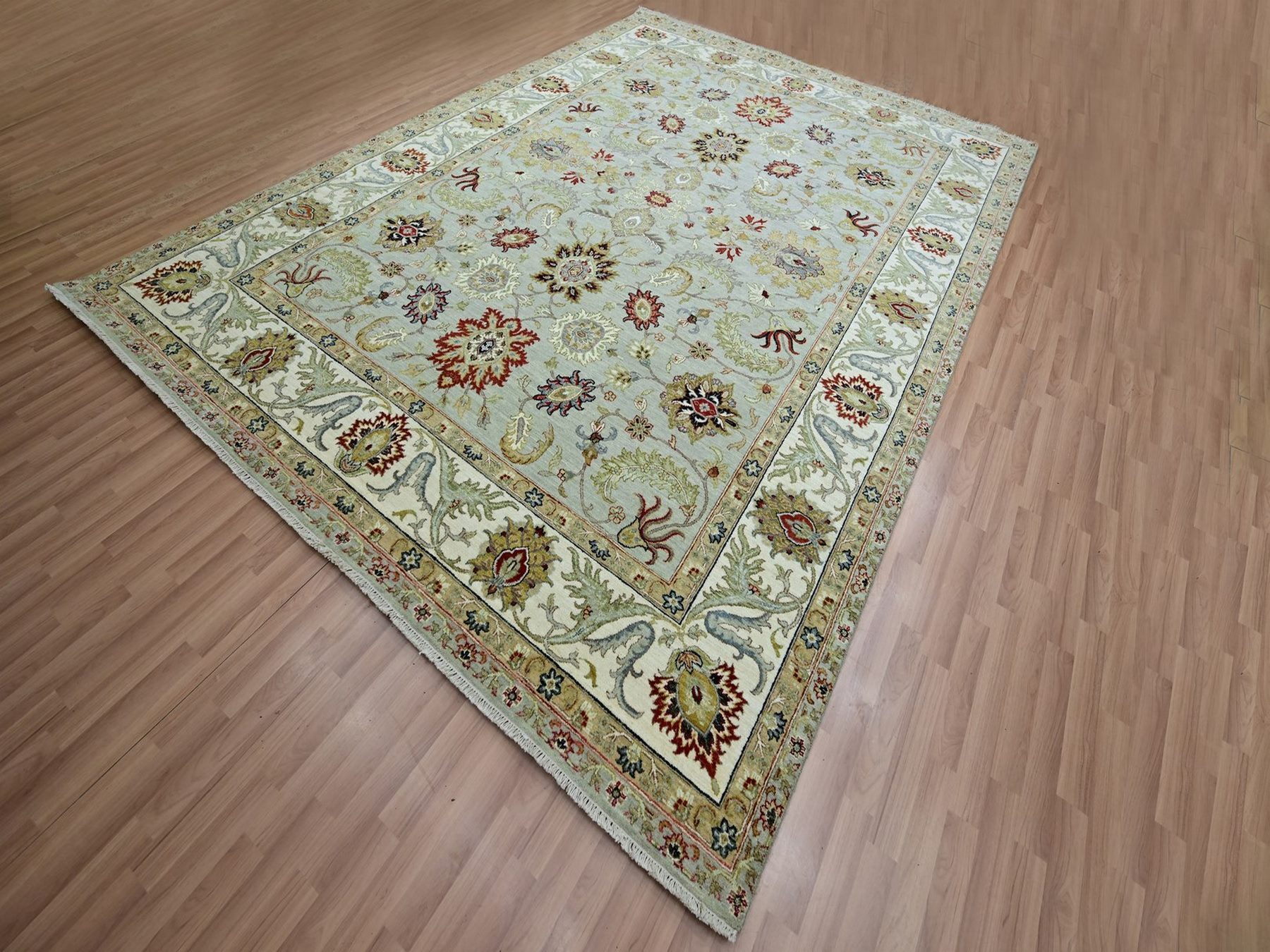 9'1"x12'3" Light Green, Hand Knotted, Agra with Ziegler Design, Floral Motifs, Pure Wool, Vegetable Dyes, Oriental Rug HR83291 - Image 3