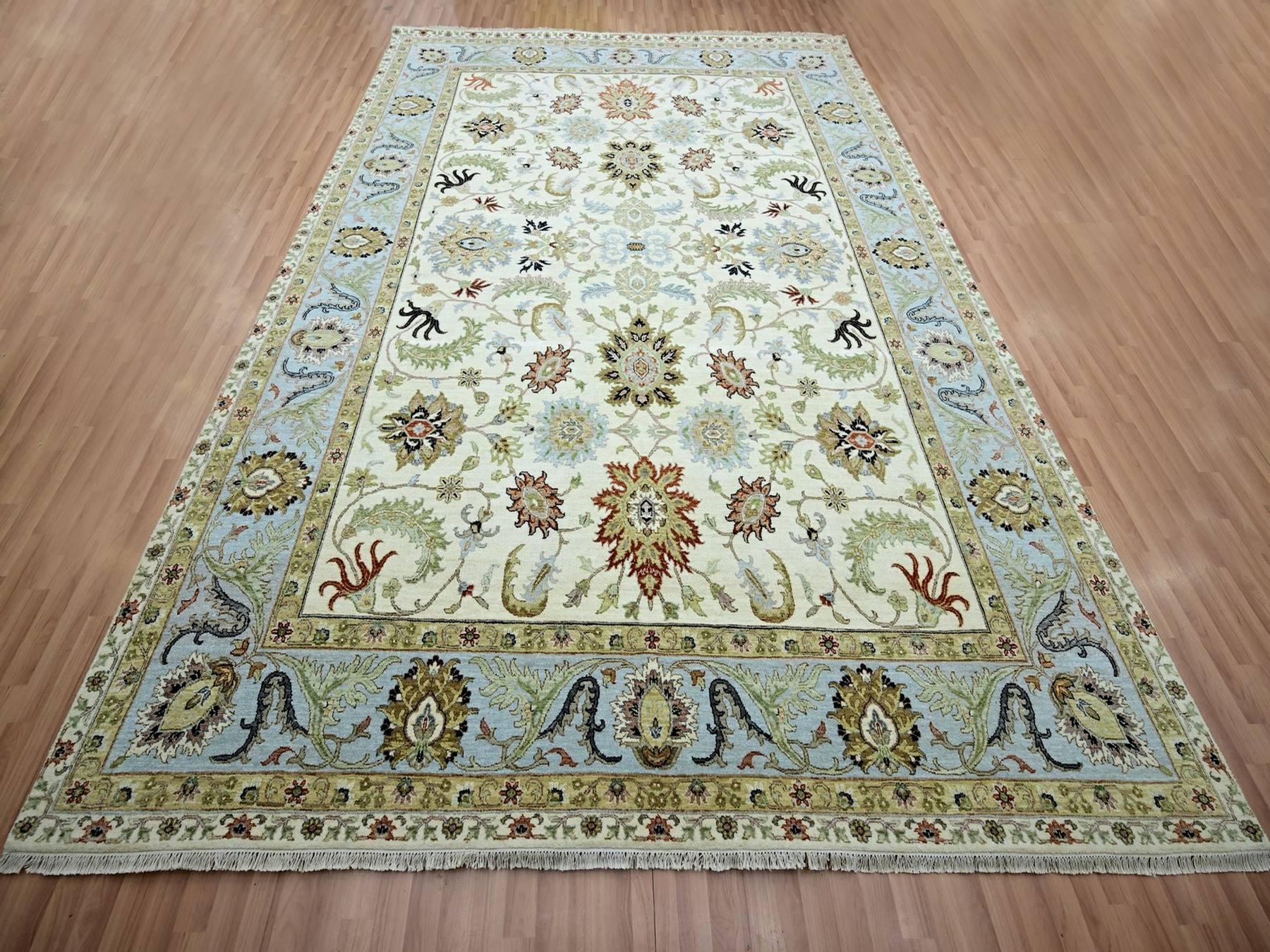 9'1"x12'2" Pearl White, Agra with Ziegler Design, Floral Motifs, Hand Knotted, Pure Wool, Vegetable Dyes, Oriental Rug HR83293 - Image 2