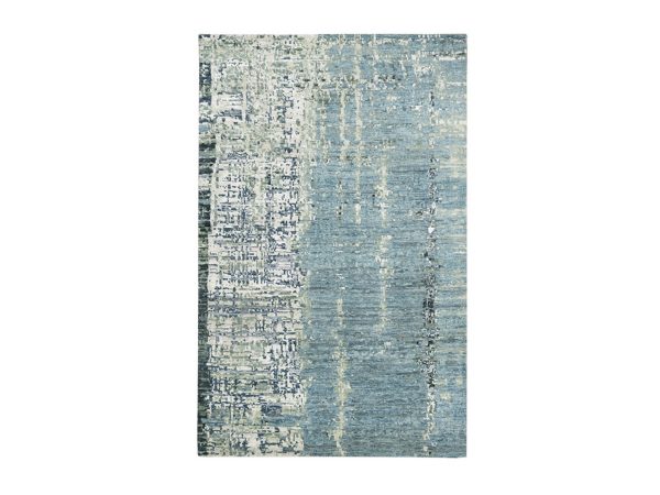 3'10"x6'2" Sky Blue with Green, Abstract with Galaxy Design, Persian Knot, 100% Wool, Hand Knotted, Densely Woven, Oriental Rug HR83321