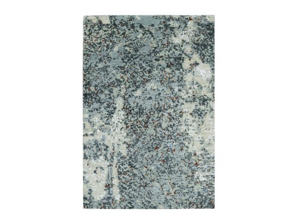 4'x6' Charcoal Gray with Beige, Hand Knotted, Persian Knot, Abstract with Galaxy Design, 100% Wool, Densely Woven, Oriental Rug HR83322
