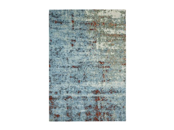 4'x6' Carolina Blue with Rust, Persian Knot, Abstract with Galaxy Design, 100% Wool, Hand Knotted, Densely Woven, Oriental Rug HR83324