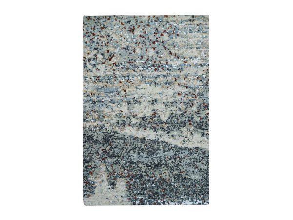 4'x6' Charcoal Gray with Beige, Abstract with Galaxy Design, 100% Wool, Hand Knotted, Persian Knot, Densely Woven, Oriental Rug HR83326