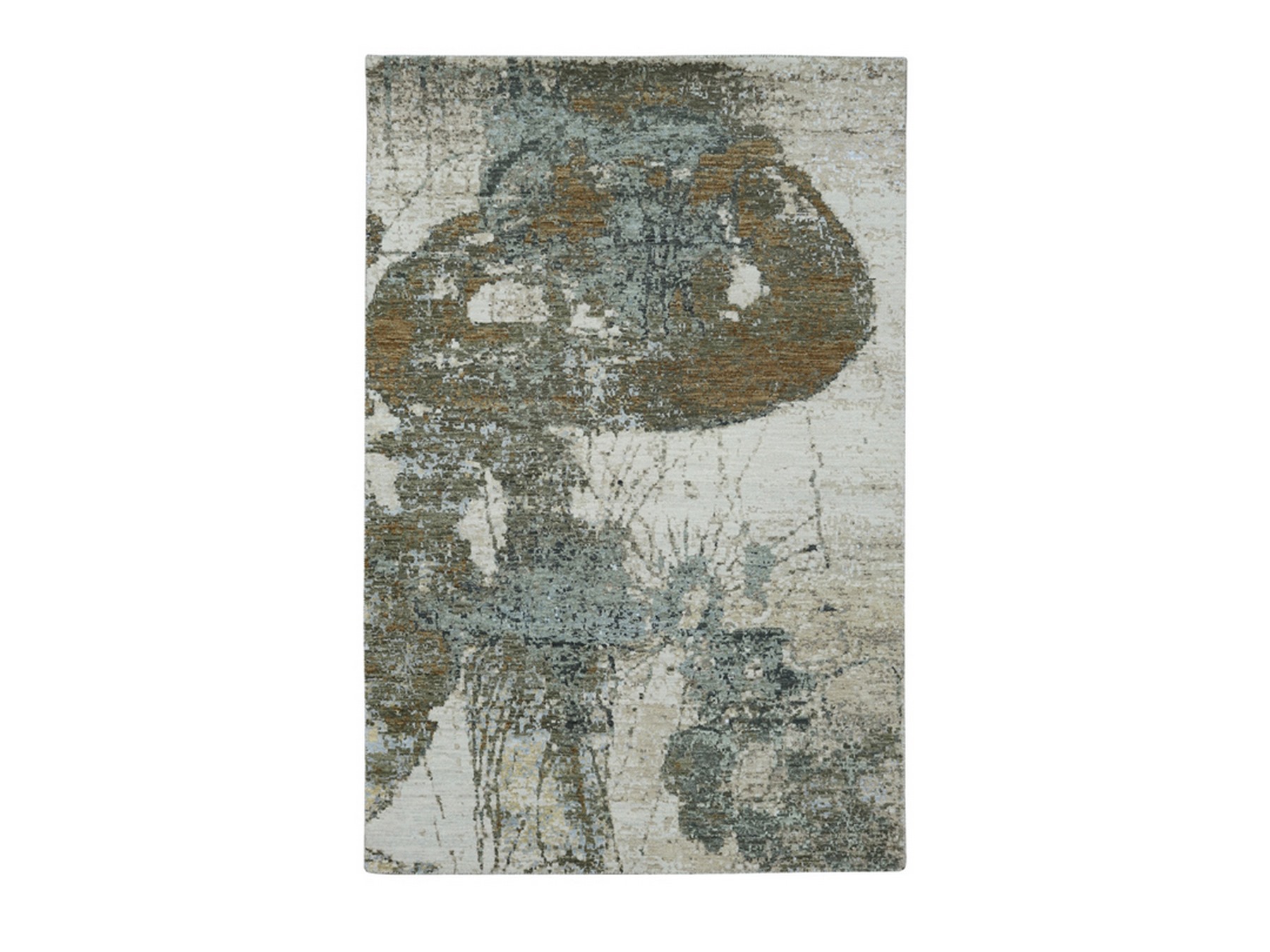 4'x6'2" Bone White with Brown, Modern Abstract Design, Densely Woven, Persian Knot, 100% Wool, Hand Knotted, Oriental Rug HR83328