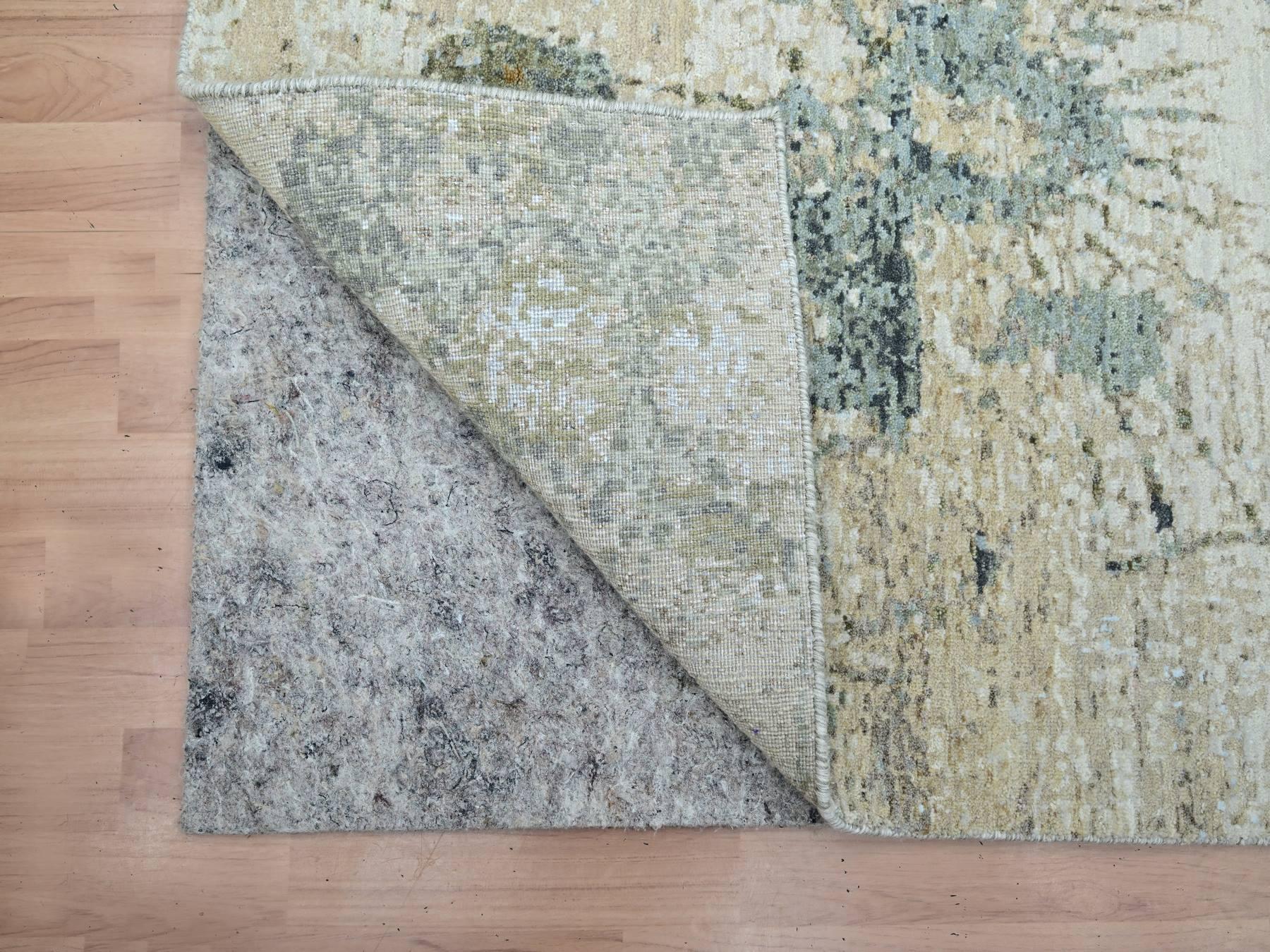 4'x6'2" Bone White with Brown, Modern Abstract Design, Densely Woven, Persian Knot, 100% Wool, Hand Knotted, Oriental Rug HR83328 - Image 3