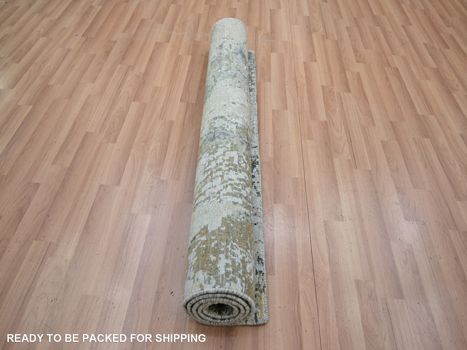 4'x6'2" Bone White with Brown, Modern Abstract Design, Densely Woven, Persian Knot, 100% Wool, Hand Knotted, Oriental Rug HR83328 - Image 7