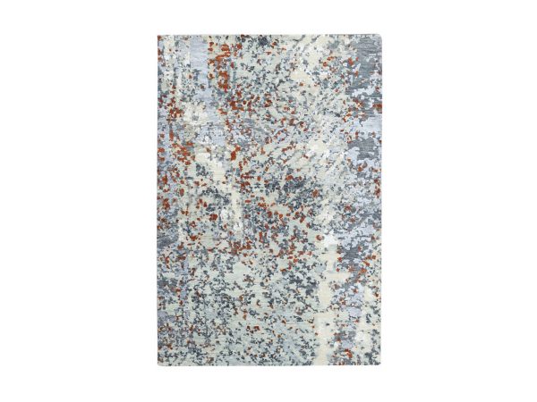 4'x6' Charcoal Gray with Rust, Hand Knotted, Persian Knot, Abstract with Galaxy Design, 100% Wool, Densely Woven, Oriental Rug HR83329