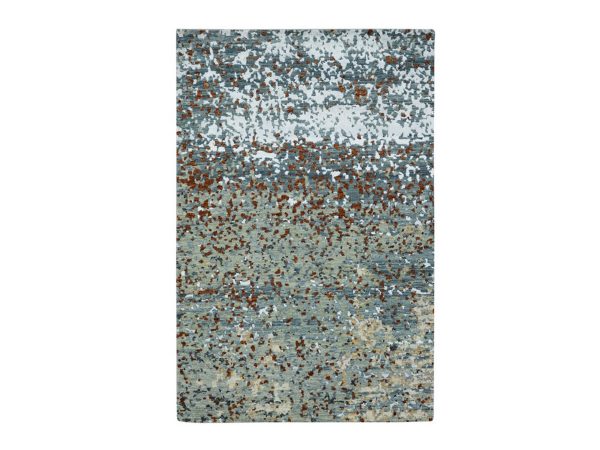 4'x6' Pewter Gray with Rust, Abstract with Galaxy Design, Persian Knot, Densely Woven, 100% Wool, Hand Knotted, Oriental Rug HR83331