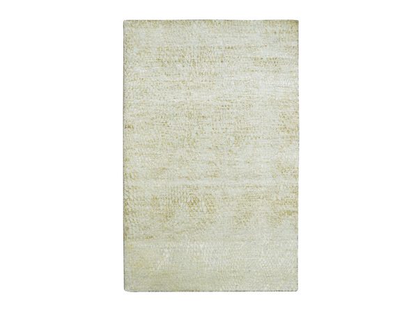 4'x6'2" Ivory and Gold, Contemporary Design, Densely Woven, Persian Knot, Hand Knotted, Silk with Textured Wool Pile, Tone on Tone, Oriental Rug HR83333