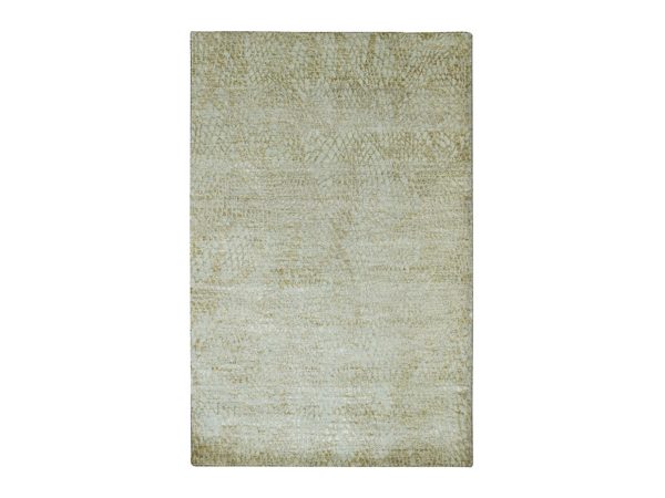 4'x6'3" Ivory and Gold, Contemporary Design, Densely Woven, Persian Knot, Hand Knotted, Silk with Textured Wool Pile, Tone on Tone, Oriental Rug HR83335