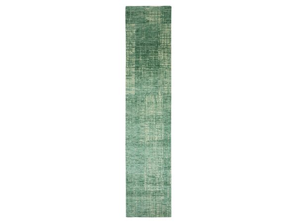 2'5"x12' Mint Green, Contemporary Design, Hand Knotted, Densely Woven, Persian Knot, Silk with Textured Wool Pile, Tone on Tone, Narrow Runner, Oriental Rug HR83344