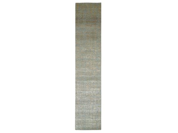 2'5"x12'2" Sand Brown, Contemporary Design, Hand Knotted, Densely Woven, Persian Knot, Silk with Textured Wool Pile, Tone on Tone, Narrow Runner, Oriental Rug HR83345