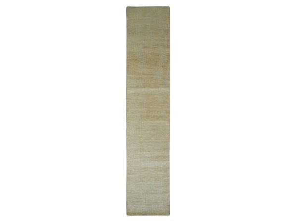 2'6"x12'6" Ivory & Gold, Contemporary Design, Hand Knotted, Densely Woven, Persian Knot, Silk with Textured Wool Pile, Tone on Tone, Narrow Runner, Oriental Rug HR83346