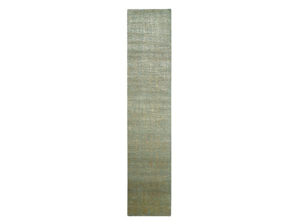 2'6"x12'2" Sand Brown, Contemporary Design, Hand Knotted, Densely Woven, Persian Knot, Silk with Textured Wool Pile, Tone on Tone, Runner, Oriental Rug HR83348