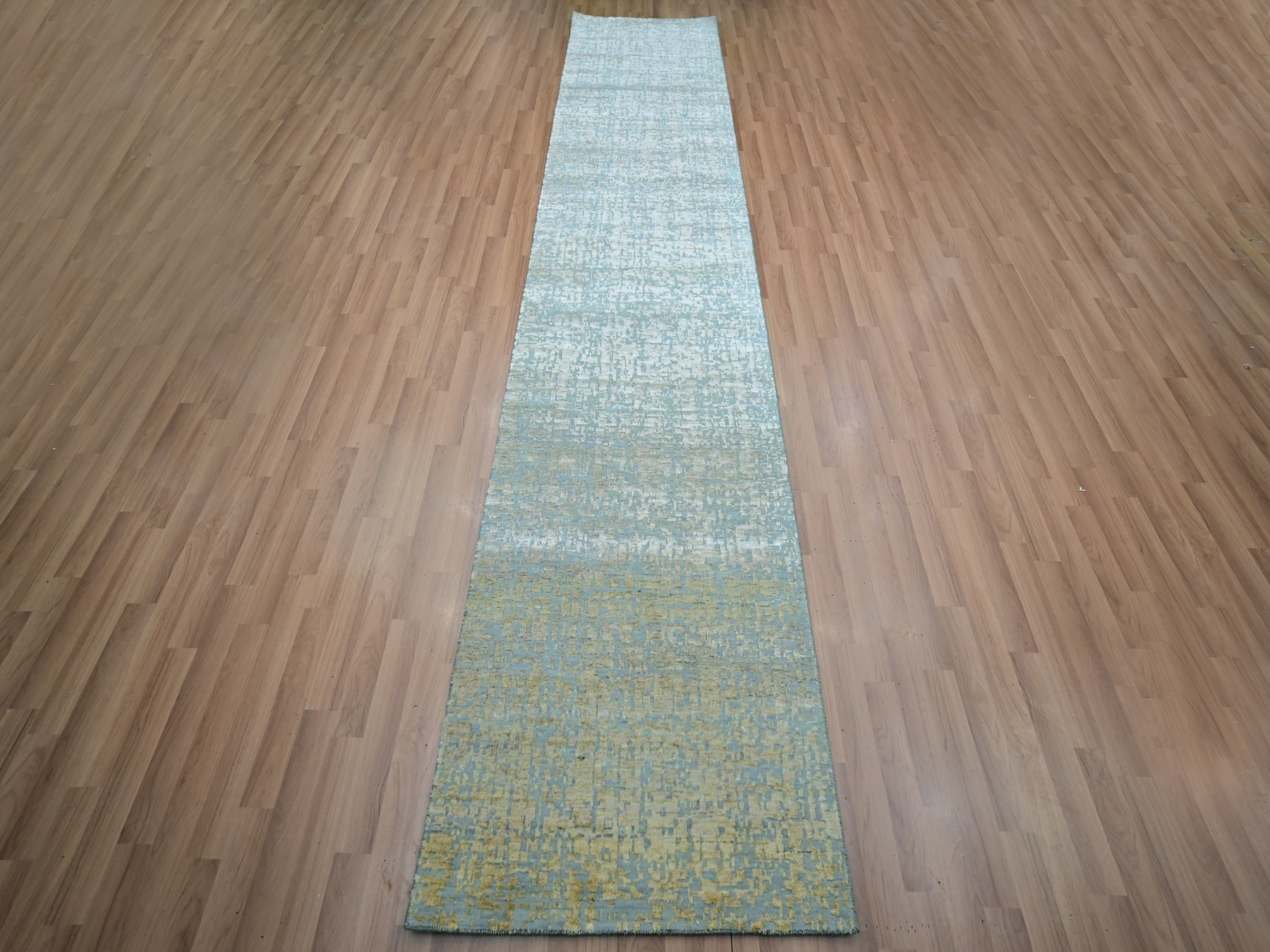 2'6"x12'2" Sand Brown, Contemporary Design, Hand Knotted, Densely Woven, Persian Knot, Silk with Textured Wool Pile, Tone on Tone, Runner, Oriental Rug HR83348 - Image 2