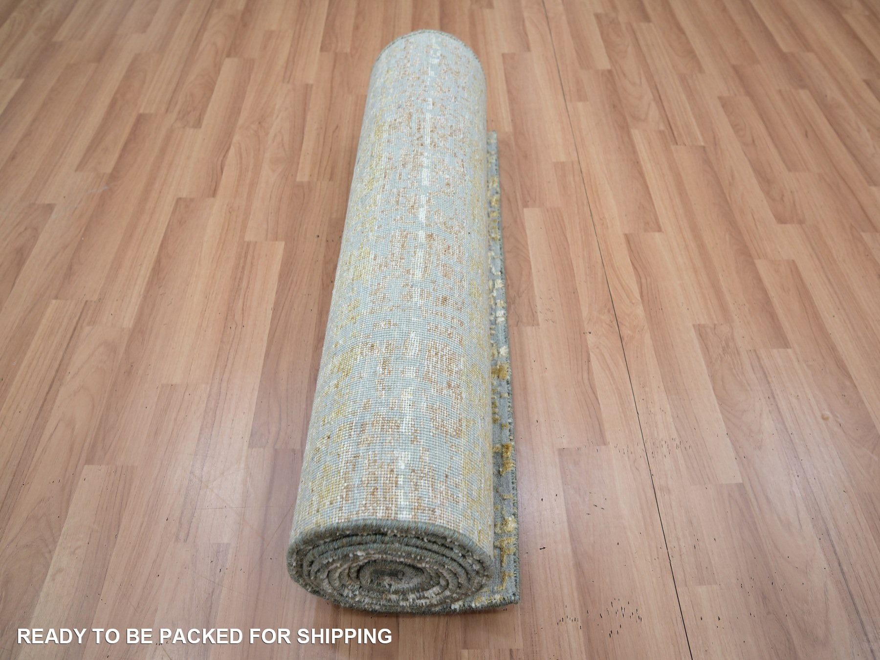 2'6"x12'2" Sand Brown, Contemporary Design, Hand Knotted, Densely Woven, Persian Knot, Silk with Textured Wool Pile, Tone on Tone, Runner, Oriental Rug HR83348 - Image 7