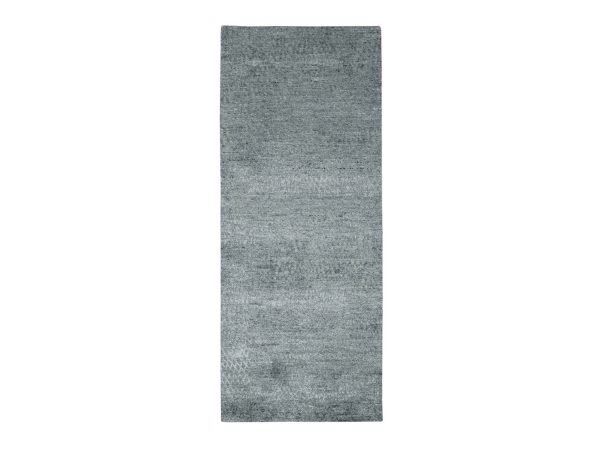 2'5"x6'1" Flannel Gray, Contemporary Design, Hand Knotted, Densely Woven, Persian Knot, Silk with Textured Wool Pile, Tone on Tone, Narrow Runner, Oriental Rug HR83349