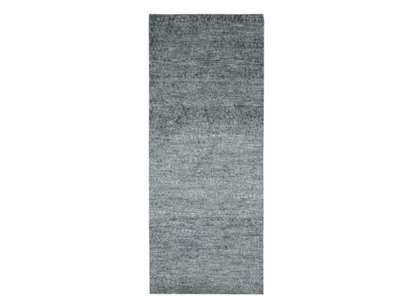 2'5"x6'1" Flannel Gray, Contemporary Design, Hand Knotted, Densely Woven, Persian Knot, Silk with Textured Wool Pile, Tone on Tone, Narrow Runner, Oriental Rug HR83350