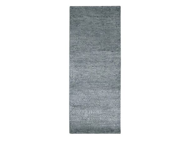2'5"x6'1" Flannel Gray, Contemporary Design, Hand Knotted, Densely Woven, Persian Knot, Silk with Textured Wool Pile, Tone on Tone, Narrow Runner, Oriental Rug HR83353