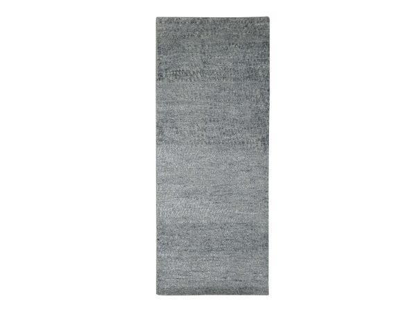 2'5"x6' Flannel Gray, Hand Knotted, Contemporary Design, Densely Woven, Persian Knot, Silk with Textured Wool Pile, Tone on Tone, Narrow Runner, Oriental Rug HR83354