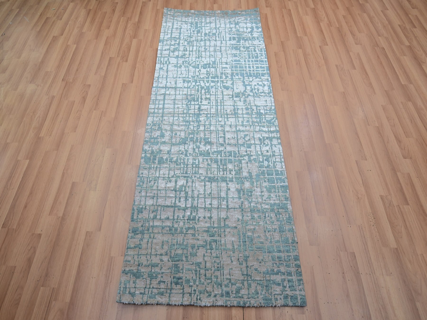 2'6"x6'2" Whisper Pink, Contemporary Design, Hand Knotted, Densely Woven, Persian Knot, Silk with Textured Wool Pile, Tone on Tone, Runner, Oriental Rug HR83356 - Image 2