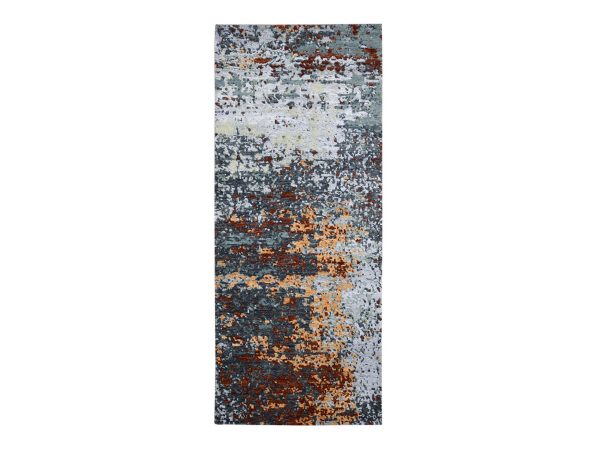 2'6"x6'1" Charcoal Gray with Rust, Persian Knot, Abstract with Galaxy Design, 100% Wool, Hand Knotted, Densely Woven, Runner, Oriental Rug HR83357