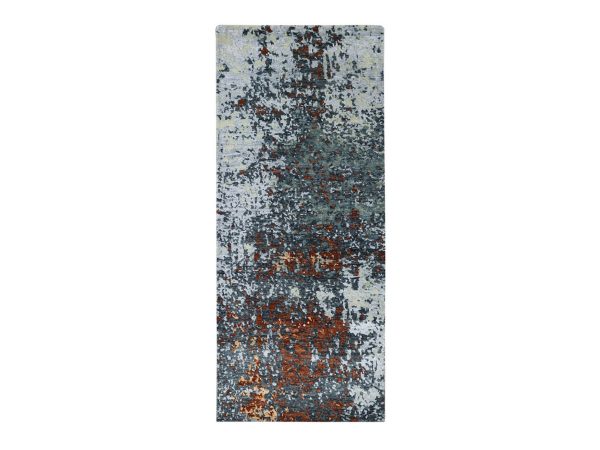 2'6"x6'1" Charcoal Gray with Rust, 100% Wool, Hand Knotted, Persian Knot, Abstract with Galaxy Design, Densely Woven, Runner, Oriental Rug HR83358
