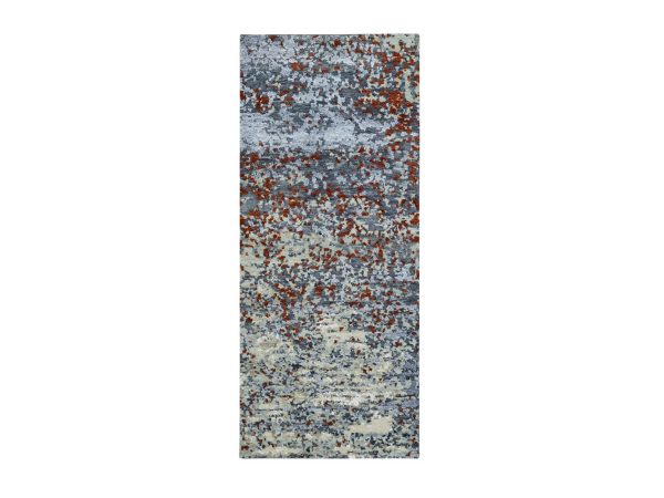 2'6"x6' Pewter Gray with Rust, Persian Knot, Abstract with Galaxy Design, 100% Wool, Hand Knotted, Densely Woven, Runner, Oriental Rug HR83359