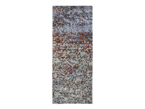 2'6"x6'1" Pewter Gray with Rust, Abstract with Galaxy Design, Persian Knot, 100% Wool, Hand Knotted, Densely Woven, Runner, Oriental Rug HR83360