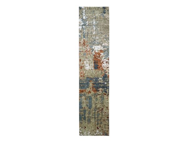 2'6"x12' Beige with Rust, Persian Knot, Abstract with Galaxy Design, 100% Wool, Hand Knotted, Densely Woven, Narrow Runner, Oriental Rug HR83362