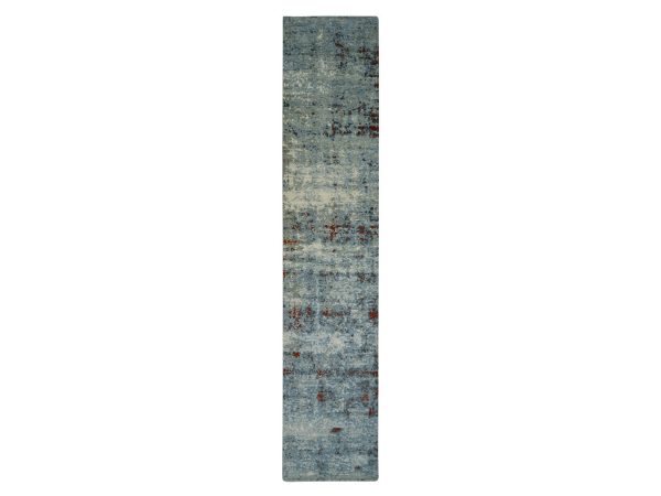 2'5"x12' Carolina Blue with Beige, Abstract with Galaxy Design, 100% Wool, Hand Knotted, Persian Knot, Densely Woven, Narrow Runner, Oriental Rug HR83363