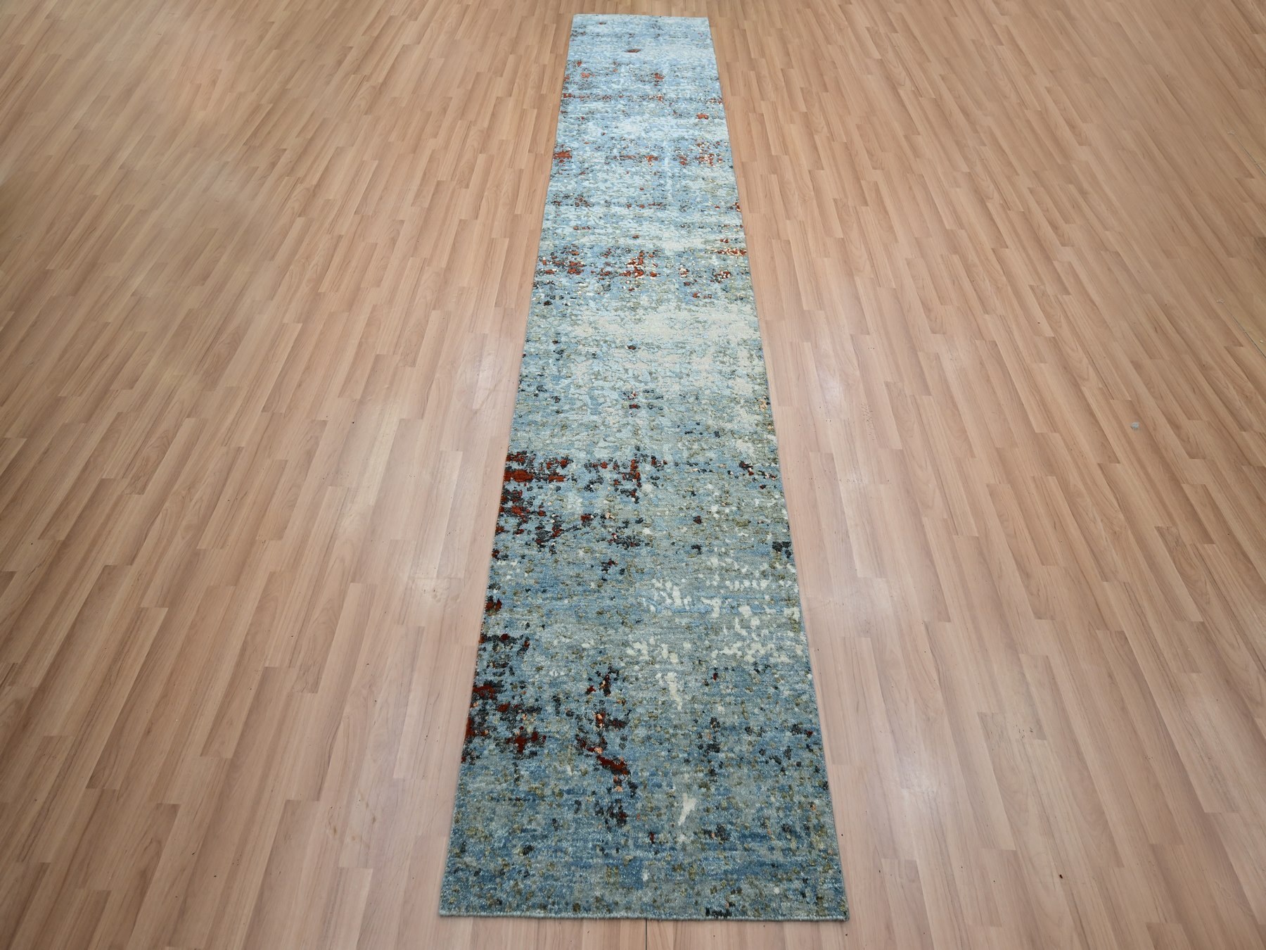 2'5"x12' Carolina Blue with Beige, Abstract with Galaxy Design, 100% Wool, Hand Knotted, Persian Knot, Densely Woven, Narrow Runner, Oriental Rug HR83363 - Image 2