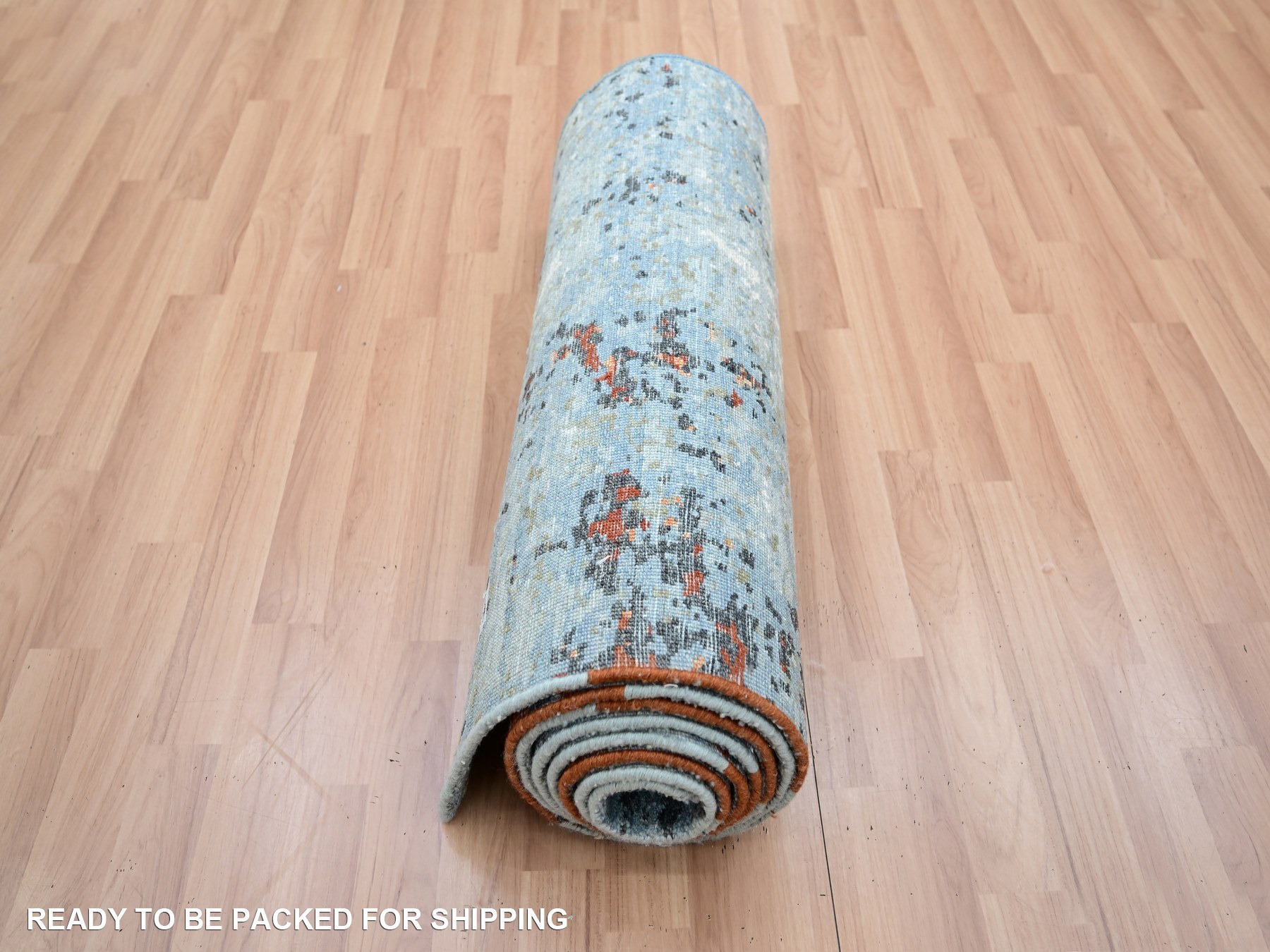 2'5"x12' Carolina Blue with Beige, Abstract with Galaxy Design, 100% Wool, Hand Knotted, Persian Knot, Densely Woven, Narrow Runner, Oriental Rug HR83363 - Image 7