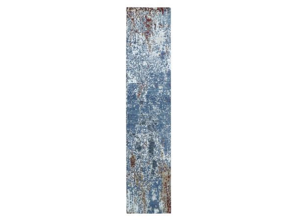 2'6"x12' Aegean Blue, Abstract with Galaxy Design, Hand Knotted, 100% Wool, Persian Knot, Densely Woven, Narrow Runner, Oriental Rug HR83364