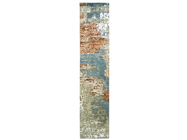2'6"x12' Beige and Rust, Abstract with Galaxy Design, Hand Knotted, 100% Wool, Persian Knot, Densely Woven, Narrow Runner, Oriental Rug HR83365