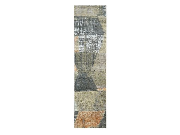 2'8"x10'4" Charcoal Gray and Beige, Mid Century Modern Contemporary Design, Persian Knot, Hand Knotted, 100% Wool, Runner, Oriental Rug HR83368